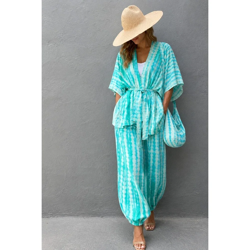 Style Park-J Tie Dye 3-Piece Set Women Turquoise Kimono Pants Bag Resort  Elasti